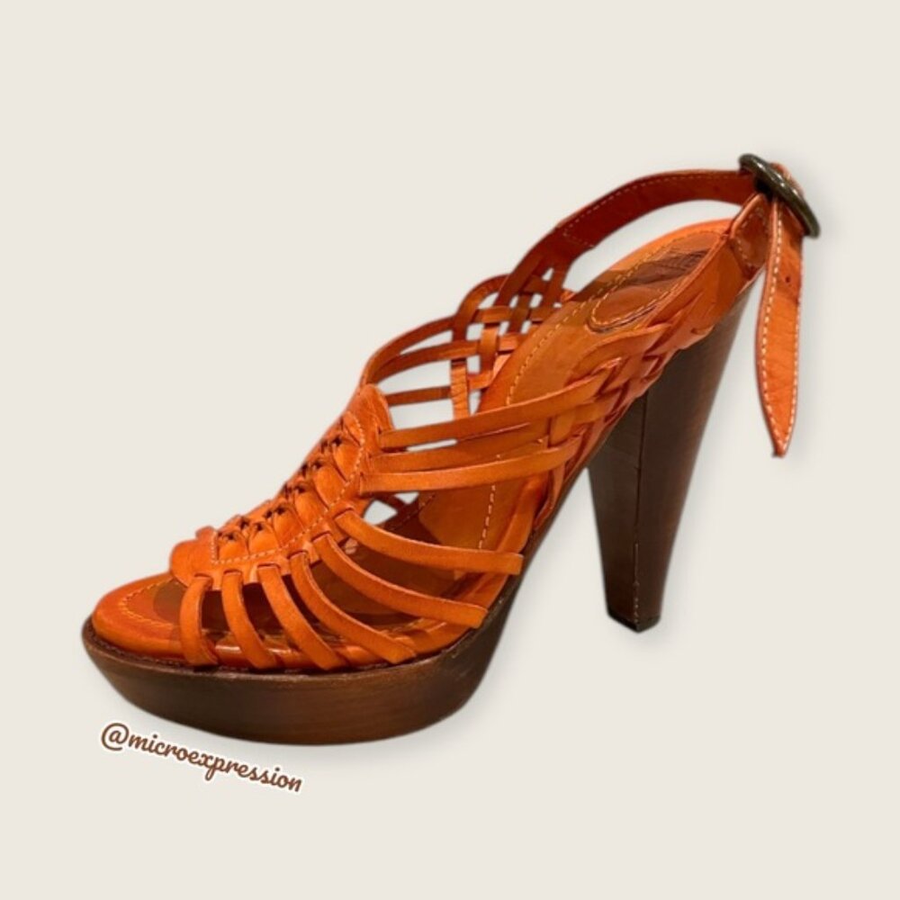 $329 Frye Joy Huarache Cognac Leather Sling Strappy Leather Sandal/Platform Heel - Picture 3 of 12